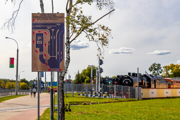 Entrance sign welcome information map board steam locomotive museum Belarus.