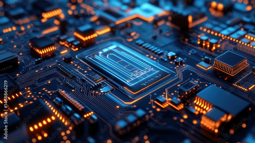 Poster a close-up of a high-tech circuit board with glowing digital components and electronic pathways, ill