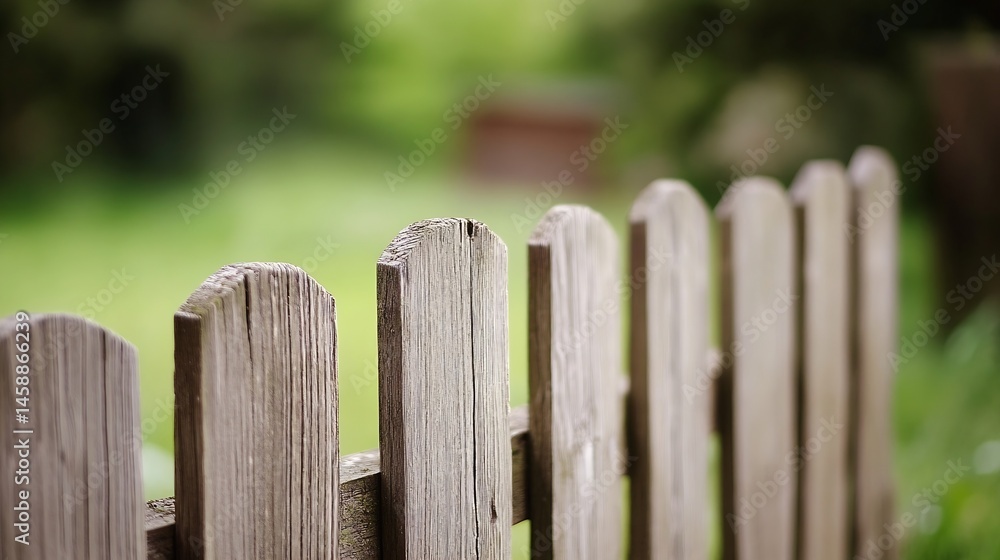 Aufkleber Close-up view of a weathered wooden fence, showing the texture of aged gray planks against a blurred green garden background.  The fence posts are slightly worn, adding to the rustic c : Generative AI