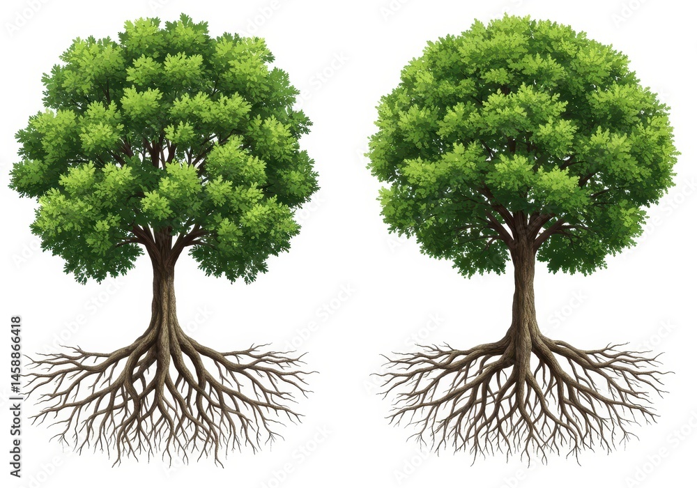 Poster two isolated trees with green leaves and visible roots on a white background in a simple illustratio