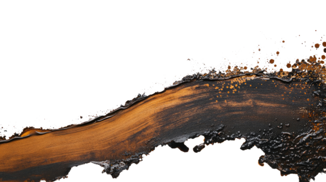 An artistic representation features a flowing design with rich black and brown hues, creating a striking contrast against a white background. The texture adds depth and intrigue