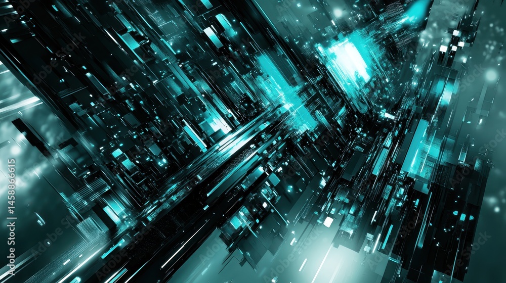 Poster Futuristic Abstract Cityscape With Teal and White Glowing Lights Geometric Patterns and Intricate Designs Creating a Modern and Technological Background