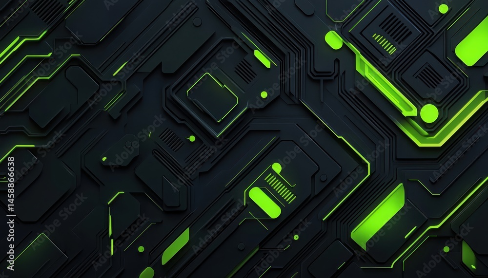 Poster Futuristic Black and Green Abstract Technology Background with Glowing Neon Lines and Geometric Shapes for Modern Digital Design