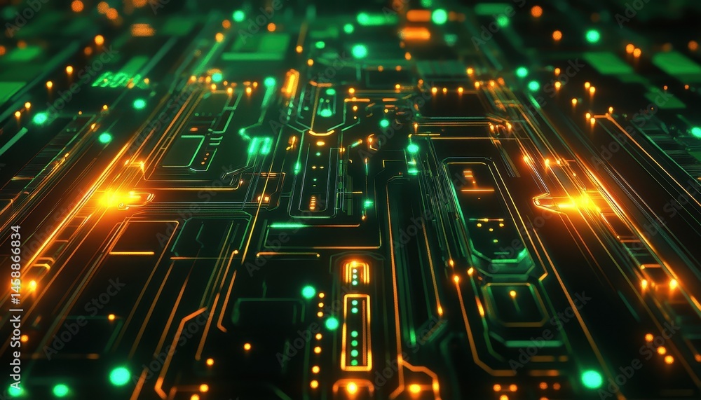 Poster Futuristic Circuit Board Design with Green and Orange Lights Network Connection and Data System on Dark Background