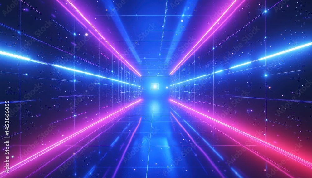 Fototapete Futuristic Digital Tunnel with Neon Lights a 3D Rendered Background of Flowing Data Streams and Glowing Shapes in a Dark Space with Abstract Geometric Design