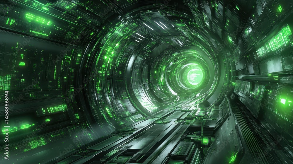 Poster Futuristic Tunnel with Glowing Green Lights Abstract Digital Technology Background in Sci Fi Cyberpunk Style with Geometric Shapes and Metallic Structure