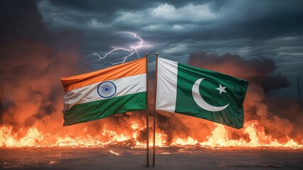 India and Pakistan Flags Facing Each Other with Fire and Smoke Between Them, Dramatic Lighting, Dark Stormy Sky, High-Resolution Cinematic Style Symbolizing Conflict and Tension