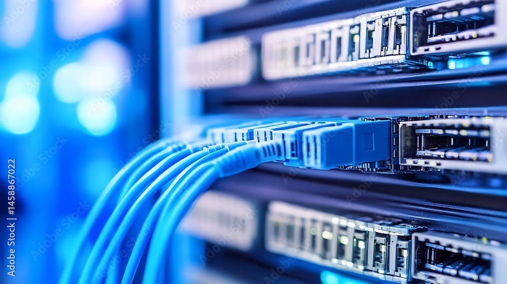 Aufkleber Close-up view of blue fiber optic cables plugged into a network server rack, showcasing technology and connectivity. : Generative AI