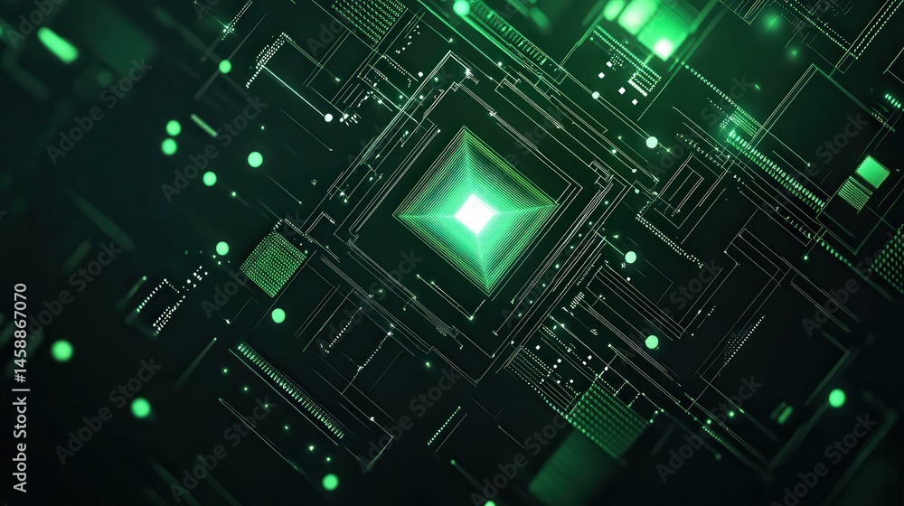 Aufkleber Geometric Green Circuit Board Background with Technological Tunnel Effect and Artificial Intelligence Theme with Glowing Elements and a Futuristic Abstract Design