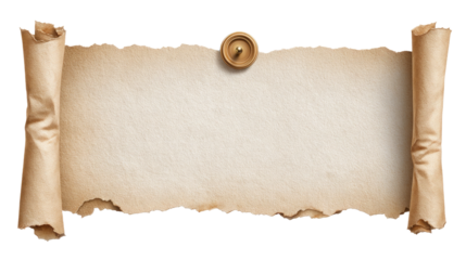 A textured, aged parchment scroll appears rolled at two ends and pinned to a wooden background, ideal for displaying notes, artwork, or messages with a vintage touch