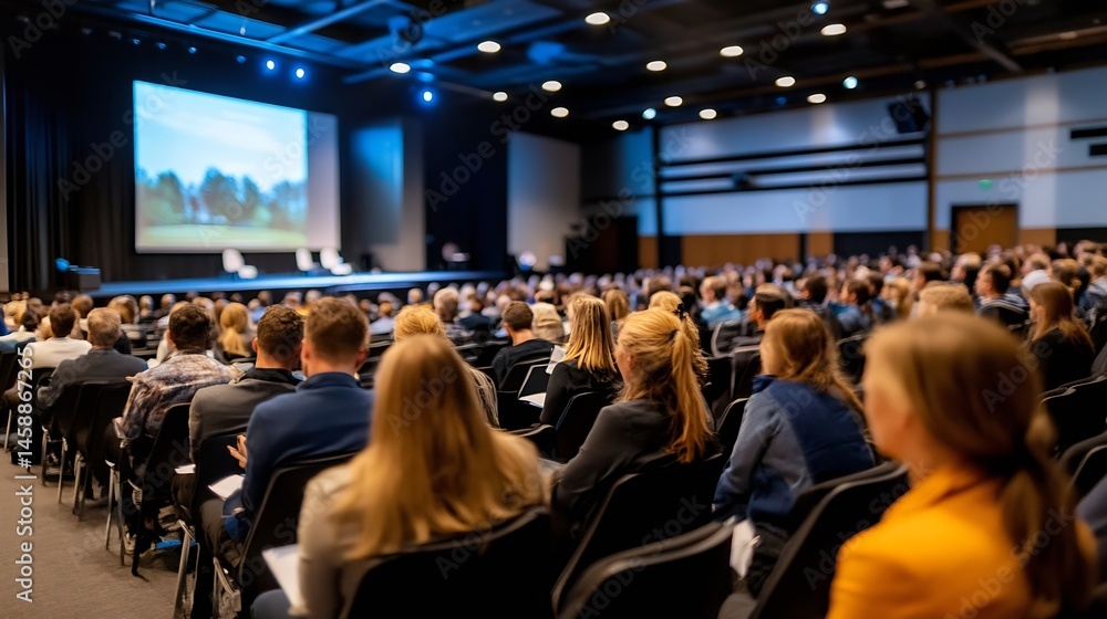 Poster Large audience attentively listening to a presentation in a modern conference hall, with a large screen displaying a scenic image. : Generative AI