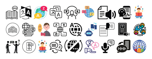 Set of Language learning. Translation, Multilingual AI, Speech to text and Global Communication icon set collection vector design.