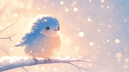 ほわほわの毛並みが愛らしい冬の小鳥のイラスト　雪の舞う空と枝にとまるふんわり鳥キャラクター　寒さの中にぬくもりを感じる癒し系動物イラスト素材