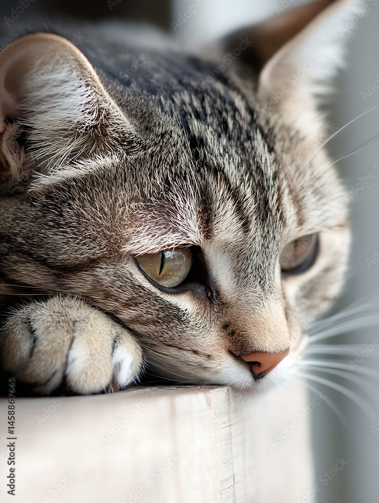 Poster close-up portrait of a tabby cat resting its paw on a light wooden surface, its gaze directed though