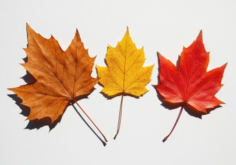 Fototapeta premium Three maple leaves in autumn colors of brown, yellow, and red arranged on a white surface with natural light