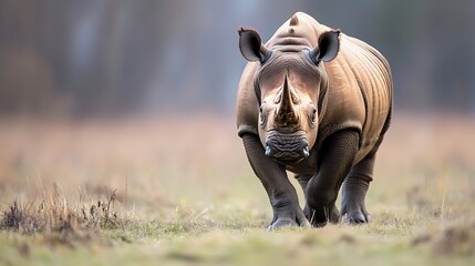 Fototapeta premium A majestic white rhinoceros walks towards the camera in a tranquil grassland setting, its thick hide and powerful legs prominent against a blurred background of muted greens and browns : Generative AI