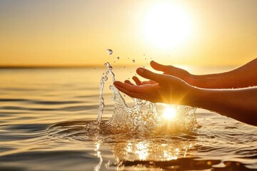 Hands catching water droplets at sunset