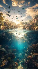 Split world underwater and aerial scene featuring marine life and birds