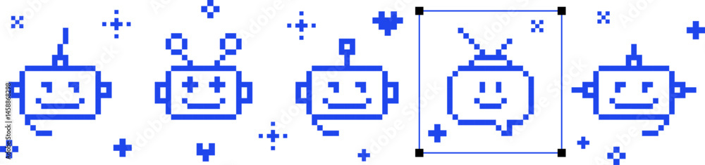 Poster y2k inspired set of various bot pixel art icon. robot head support service pattern. cute chatbot 8 b