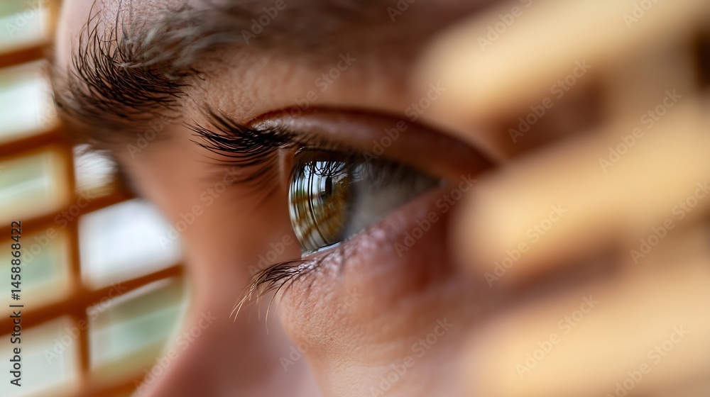 Poster close-up view of a person's eye, gazing out a window with brown wooden blinds visible in the reflect