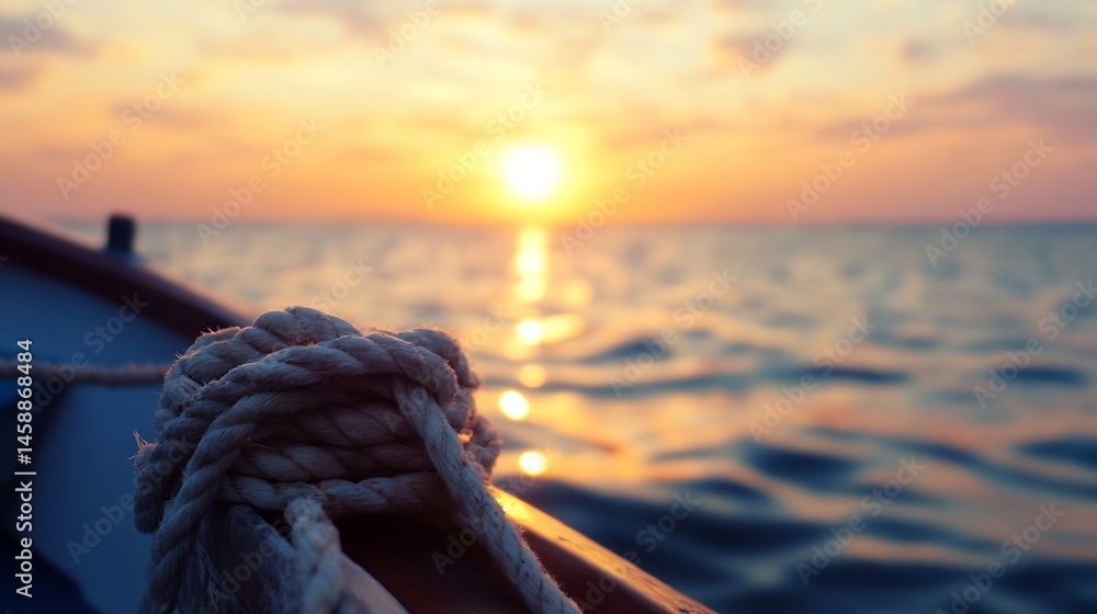 Aufkleber close-up of a knotted rope on a boat at sunset, the golden sun reflecting on the calm ocean water cr