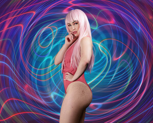 Beautiful blonde posing in a pink bodysuit against the background of abstract figures. Musical cover.