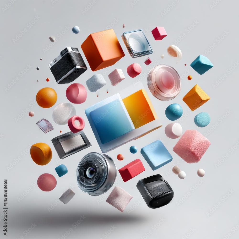 Poster Abstract Composition of Colorful Floating Geometric Shapes and Objects on a Light Background