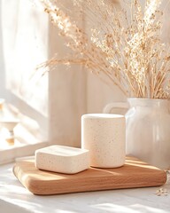 Speckled Beige Soap Bars on Wooden Board with Dried Flowers