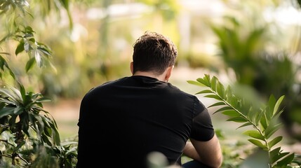 A man sits peacefully amidst lush green foliage, his back to the camera, enjoying the serene natural environment.  Sunlight filters through the leaves, creating a calm and tranquil atm : Generative AI