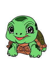 A cheerful and adorable cartoon baby turtle with big expressive eyes and a friendly smile. This vibrant and colorful hand-drawn style illustration features a green turtle with a brown shell on a white