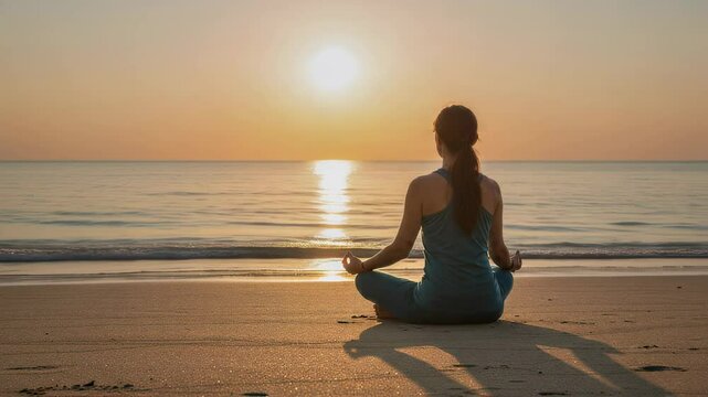 Woman practicing meditation on beach at sunset. Mental health and stress relief through mindfulness. Ocean view for relaxation and inner peace.
