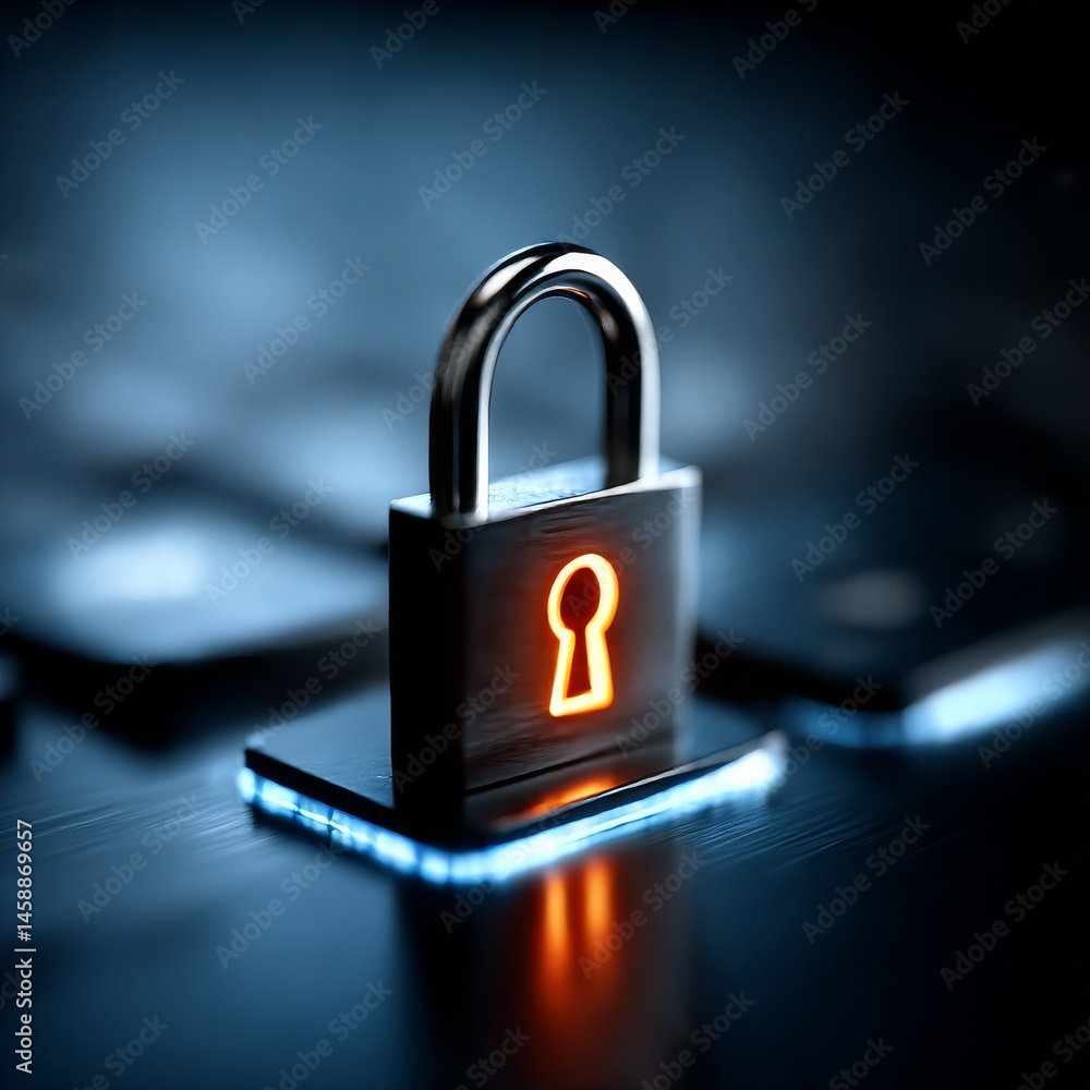 Aufkleber Cybersecurity: A Glowing Padlock Protecting Data on a Futuristic Circuit Board, Ensuring Security and Privacy