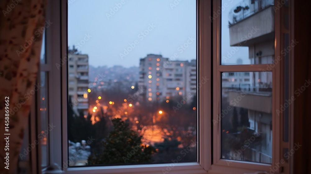 Poster evening city lights blurred through an open window, seen from a cozy room with a patterned curtain. 