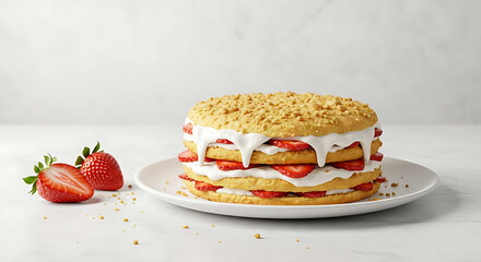 Layered strawberry shortcake with juicy sliced strawberries and sweet whipped cream dripping between layers, crumbs on plate, clean white background &mdash; high-resolution food photography, natural color 