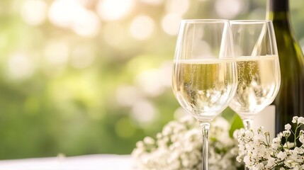 Two glasses of sparkling wine sit on a table outdoors, bathed in sunlight, next to delicate white flowers. A bottle of wine is partially visible in the background, creating a celebrato : Generative AI