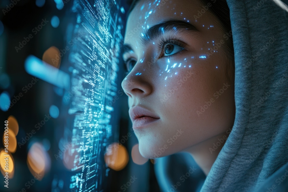 Poster A young woman gazes intently at a futuristic digital interface, illuminated by glowing data streams.