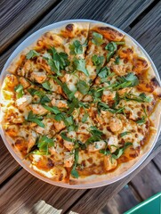 Round pizza on a white plate on a wooden table. the pizza has a golden brown crust and is topped with melted cheese and chunks of chicken.