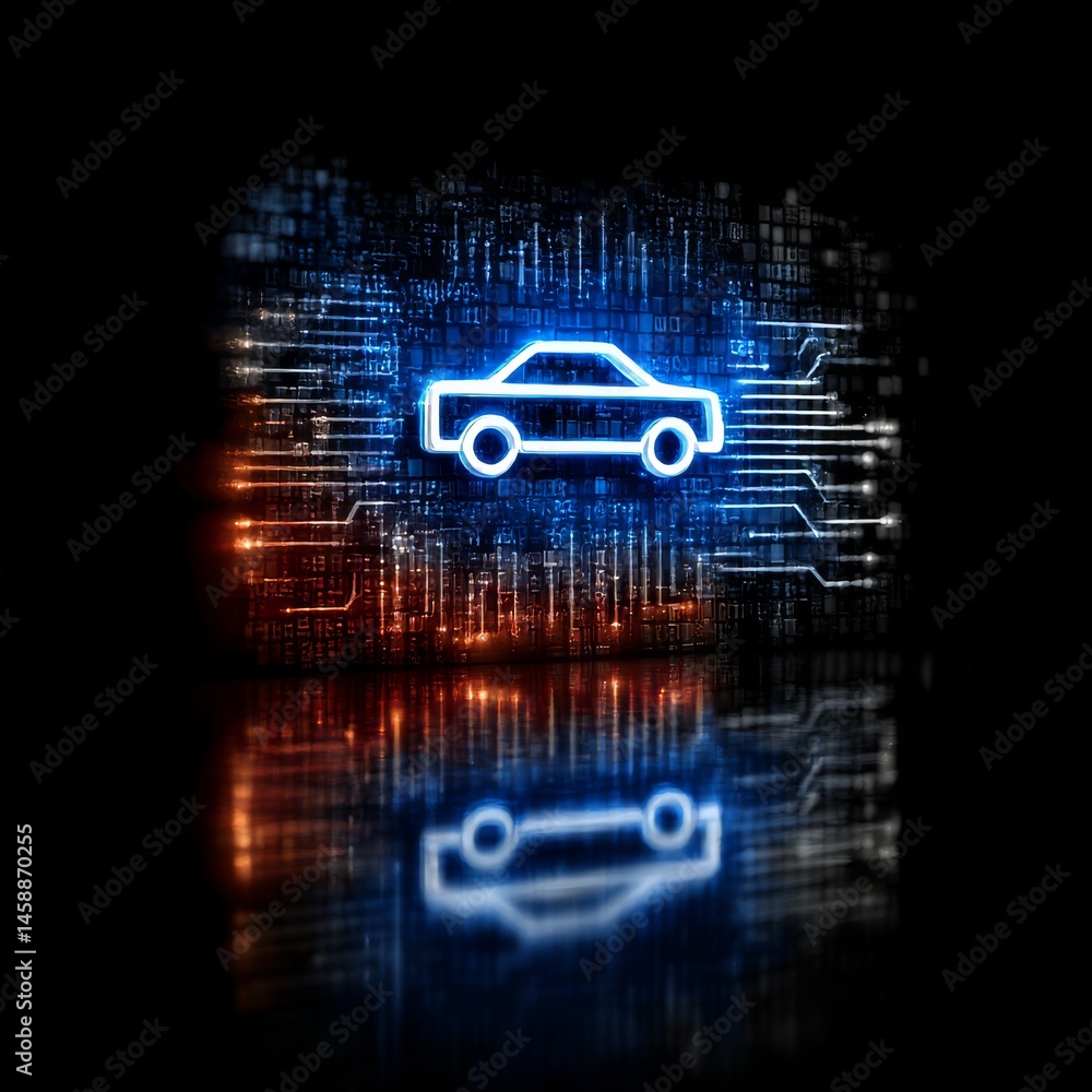 Poster digital automotive icon: blue neon car design on a technological background with reflection