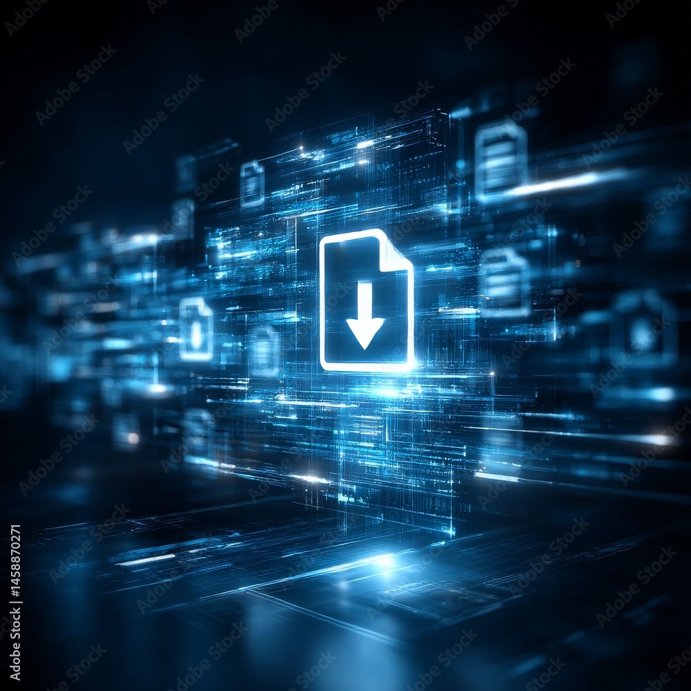 Leinwandbilder digital download: data transfer and storage in the cloud with abstract blue tech visualization