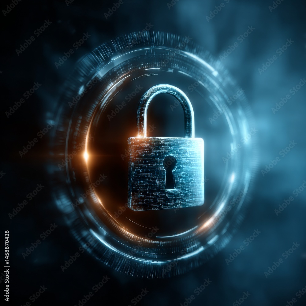 Poster digital security lock: abstract padlock with cybernetic circuitry and glowing accents for data prote