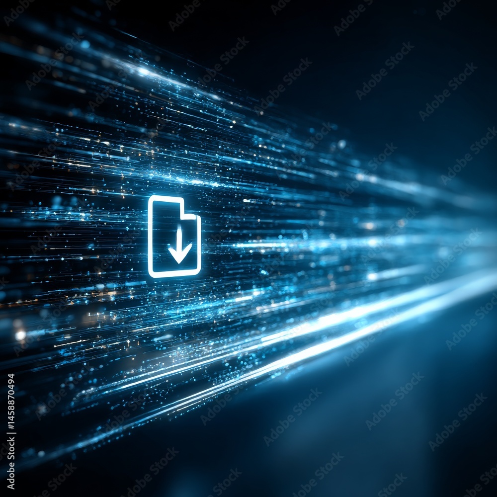 Leinwandbilder downloading data: fast and secure digital transfer with abstract blue light streams, high-speed conn