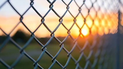 Fototapeta premium Close-up view of a chain link fence with a vibrant sunset in the background, showcasing the intricate metalwork and warm colors of the evening sky. : Generative AI