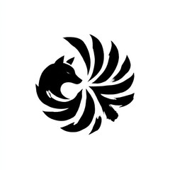 Elegant Nine-Tailed Fox Silhouette: A Mystical Black and White Emblem of Power and Grace