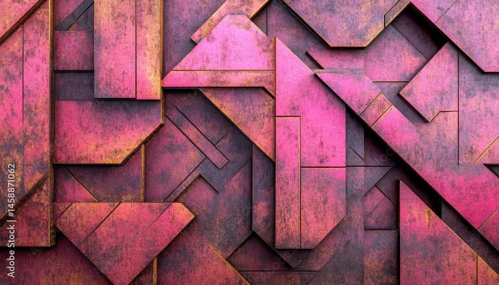Poster textured pink and golden rusty geometric metal plates abstract background with grunge style decorati