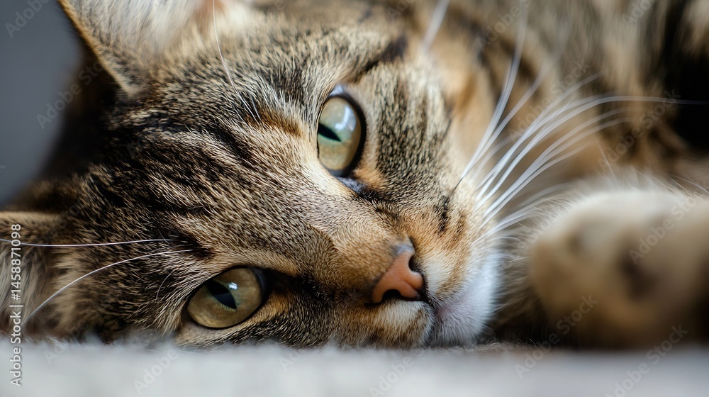 Poster Close-up portrait of a tabby cat resting peacefully, showcasing its intricate fur pattern and captivating green eyes. The soft lighting enhances the texture and details of its face. : Generative AI