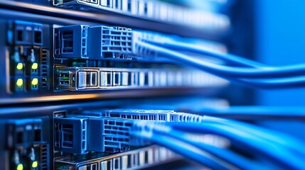 Close-up view of fiber optic cables connected to a server rack, showcasing intricate details of network infrastructure and data transfer technology. : Generative AI