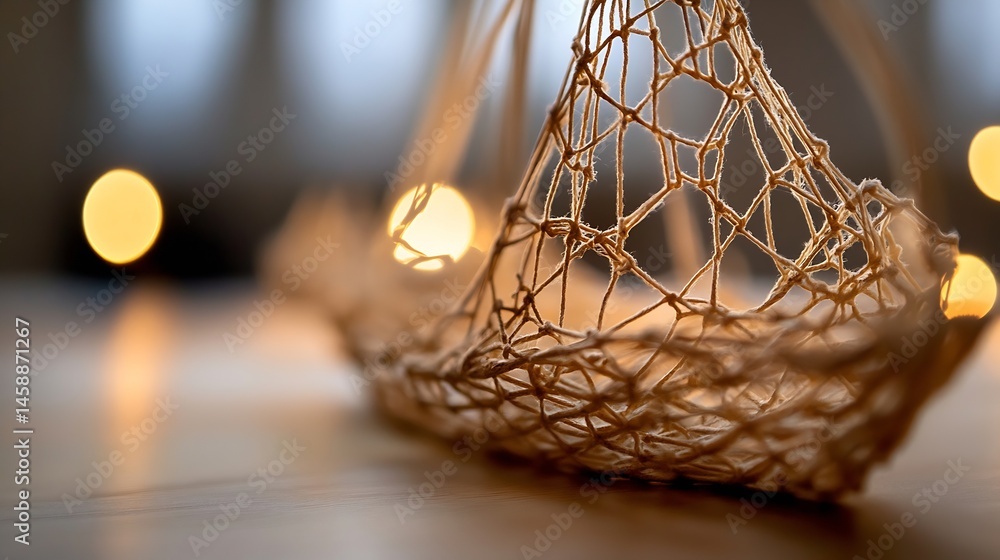 Aufkleber Close-up of a delicately woven, beige macrame bowl-shaped object, illuminated by warm, blurry lights in the background, creating a soft, ambient atmosphere. : Generative AI