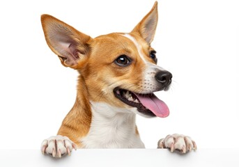 Happy tan and white dog with pointy ears peeks over a white wall with its tongue hanging out