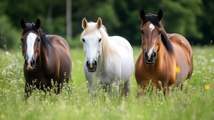 Fototapeta premium Three horses stand in a lush green meadow, their coats gleaming under the sunlight. A bay, a grey, and a dark brown horse gaze calmly towards the viewer, surrounded by wildflowers. : Generative AI