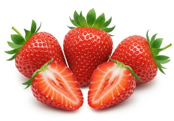Fresh strawberries, whole and halved, display their vibrant red color and green stems against a white background